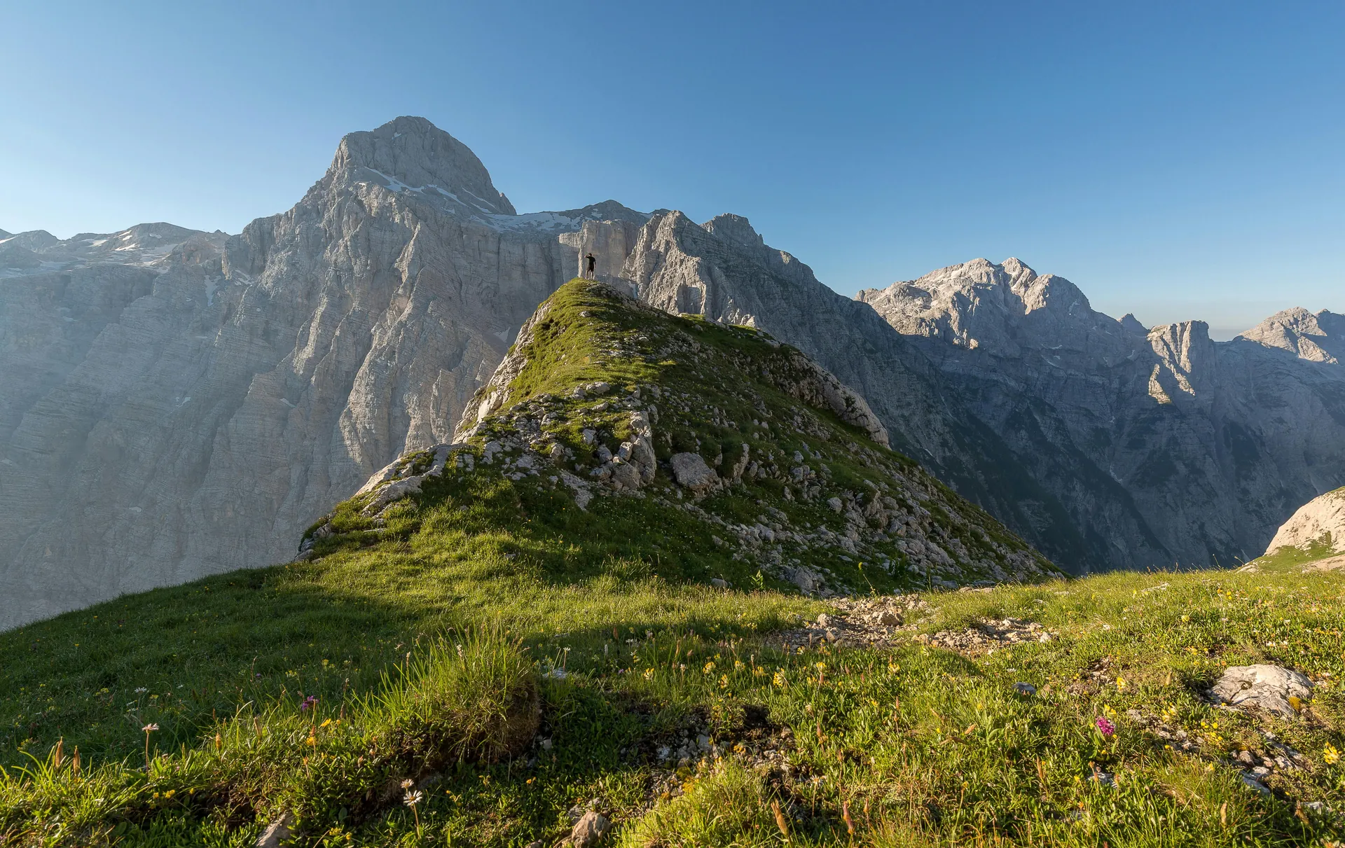 Experience the serene beauty of the Julian Alps, captured in daylight with lush green pastures and towering peaks.